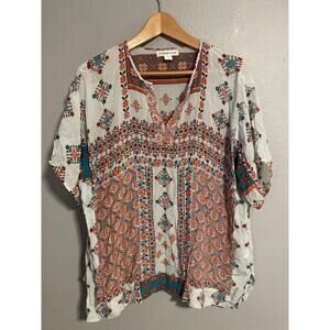 Coldwater Creek Shirt Womens 1X White Orange Blue Boho Print Peasant Lightweight